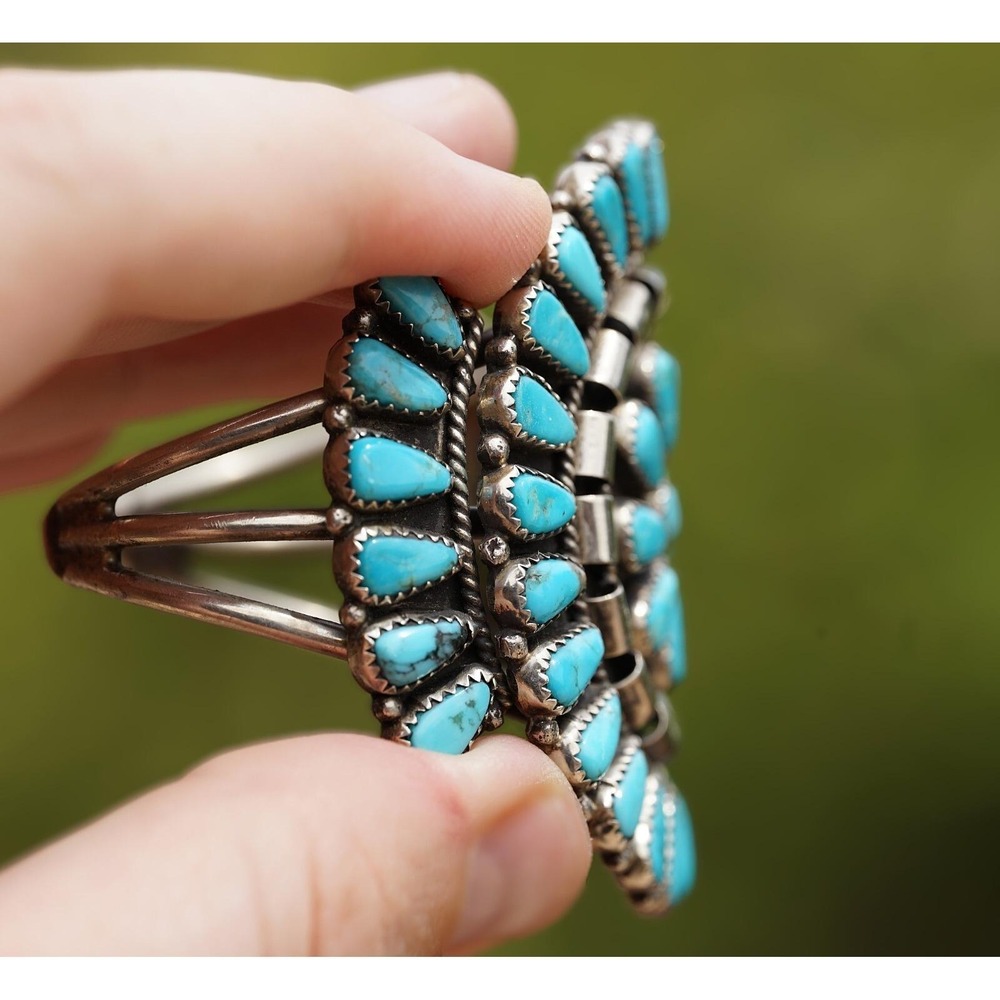 Vintage Navajo Native American Indian Sterling Silver Turquoise Cluster Bracelet - Picture 2 of 7